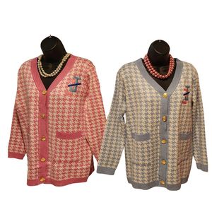 Cardigan bleu à motif pied-de-poule brodé Jack and Jill pour femme, pull en tricot, motif classique, boutonné, doux, chaud, décontracté, élégant - Product Image 1