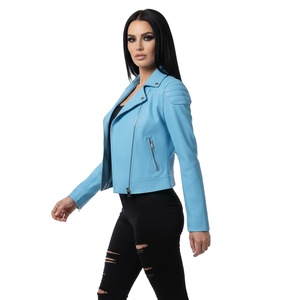 Blouson de motard en cuir bleu ciel pour femmes, design personnalisé, cuir véritable, veste de moto, approvisionnement en vrac, vêtements de tous les jours, veste tendance pour femmes - Product Image 1