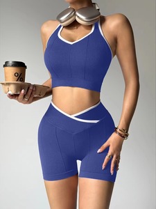 Custom Women Solid Breathable 2 Piece Halter Sports Bra Mid Waist Biker Shorts Set Gym Yoga Fitness Activewear Workout Clothing - Product Image 3
