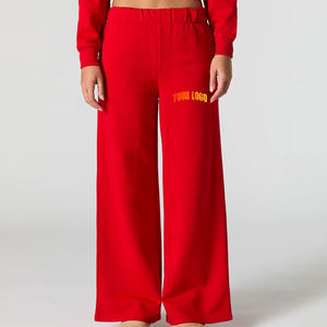 Pantalon en molleton rouge pour femme à prix abordable, coupe large, taille haute élastique, longueur intégrale, ample, décontracté, couleur unie, avec logo brodé, idéal pour l'automne - Product Image 4