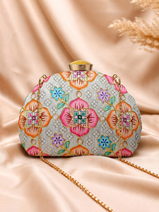 Grey Floral Embroidery Party <b>Clutch</b> Elegant Evening Handbag for Women <b>Wedding</b> and Party Use - Product Image 1