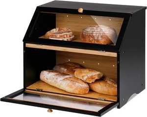 Boîte à pain en bois noir à 2 niveaux avec fenêtre en verre, grande capacité, pour comptoir, conteneur de conservation de pain frais - Product Image 1