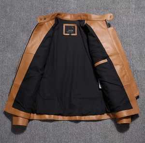 Genuine <b>Leather</b> Eco-friendly Biker <b>Jacket</b> Breathable Slim Fit Color Blocking Stand Collar <b>Men's</b> Casual Front logo <b>Jacket</b> - Product Image 4