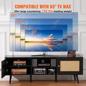 Mobile TV Moderno Boho per TV da 65 Pollici con Ante in Rattan e Centro Intrattenimento con Porte USB e Presa Integrate - Product Image 4