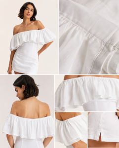 Vestido Corto de Verano para Mujer, Estilo Bohemio, de Algodón y Lino Natural, con Hombros Descubiertos, Corte Evase, Ideal para la Playa o Fiestas, Venta al Por Mayor - Product Image 4