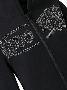 Chándal estampado con cordón de ajuste, manga larga, capucha con diseño de esqueleto de diamantes de imitación personalizado, negro - Product Image 3