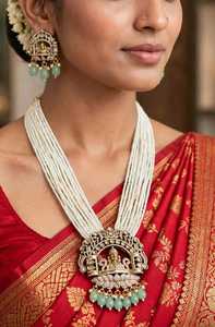 Conjunto de Collar con Colgante de Buda de Latón Chapado en Oro, Perlas de Imitación y Circonitas, para Mujer, Ideal para Fiestas, de la India (Rajasthan) - Product Image 2