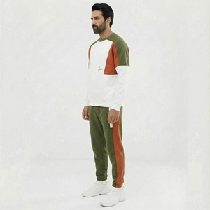 Ensemble de survêtement unisexe respirant à capuche vert olive et blanc pour sweat-shirt à col rond et pantalon de jogging deux pièces décontracté - Product Image 2