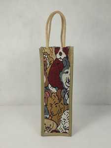 Sac à vin en toile avec animaux de dessin animé brodés, deux poignées en corde, design décontracté réutilisable - Product Image 1