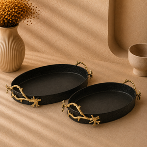 Bandeja de Servir Ovalada de Metal Negro de Gran Venta con Asas Decorativas de Rama Dorada, Plato de Exhibición Duradero de Primera Calidad - Product Image 1