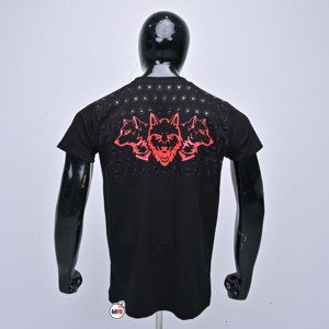 T-shirt noir à manches courtes pour homme avec motif loup rouge imprimé en silicone, tissu respirant, coupe classique, style décontracté, col rond - Product Image 2