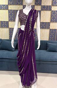 Sari violet élégant brodé avec un chemisier de créateur – Tenue de soirée de luxe, sari de mariage et de fête pour femmes - Product Image 3