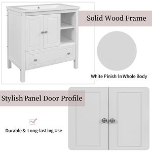 30-Inch Solid Wood Bathroom Vanity with Doors Drawers Ceramic <b>Sink</b> Practical <b>Storage</b> Cabinet - Product Image 5