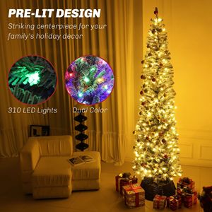 Albero di Natale innevato preilluminato a LED bicolore da 2,7 m con 895 punte, supporto in metallo e glitter fine, albero a matita verde da 2 m - Product Image 4