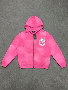 Custom <b>Pink</b> Distressed Zip Up <b>Hoodie</b> Heavyweight Oversized Streetwear Graphic Printed Full Zipper Sweatshirt Private Label OEM - Product Image 1