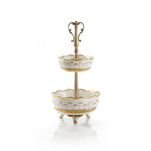 Support à gâteau en métal à deux niveaux de qualité supérieure avec bordure dorée et poignée ornée, design multi-niveaux pour une présentation élégante, décoration pour la maison et l'hôtel - Product Image 1