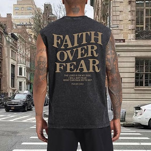 Camisetas sin mangas cristianas para hombre, camisetas sin mangas con estampado 'Faith Over Fear', camisetas de gimnasio con lavado ácido, camisetas deportivas con corte muscular, camisetas religiosas - Product Image 6