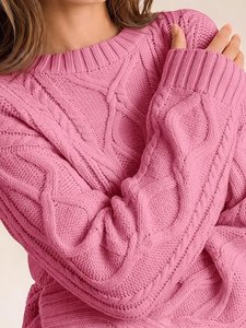 <b>Men's</b> Oversized Pink <b>Cable</b> <b>Knit</b> Pullover <b>Sweater</b> Thick Lantern Sleeve Geometric Crew Neck Winter Jumper - Product Image 5