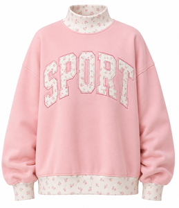 Sudadera Rosa Oversize de Cuello Redondo para Mujer con Estampado de Puntos, Letras Deportivas, de Algodón Tejido, Manga Abullonada y Hombro Caído, Corte Regular Frontal - Product Image 1