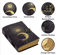 Diario de cuero morado impreso a mano - Cuaderno vintage Sol y Luna con cierre de latón y papel de borde deshilachado sin rayas, ideal para regalo