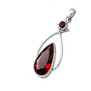 Natural Garnet Silver Pendant, 925 Sterling Silver Gemstone <b>Necklace</b>, Handmade January Birthstone Jewelry, Red Garnet Pendant - Product Image 1