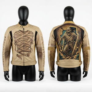 Blouson en cuir de motard bicolore bleu et marron, motif cavalier squelette, style Western, streetwear pour homme, vêtement personnalisé, Undead Cowboy Racing - Product Image 5