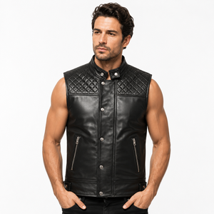 <b>Men's</b> Premium Quilted Genuine Leather Biker <b>Vest</b> Vintage Motorcycle Waistcoat Slim Fit Sleeveless Jacket Streetwear Fashion - Product Image 1