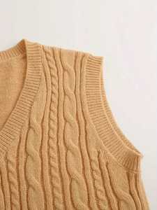 Men's Mustard <b>Yellow</b> V-Neck Cable Knit Sweater Vest Sleeveless Twist Rope Graphic Pullover Casual Preppy Fall Winter Waistcoat - Product Image 4