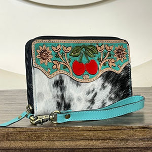 กระเป๋าคลัทช์หนังวัวแท้สีเทอร์ควอยซ์ลายดอกเชอร์รี่แบบใหม่สำหรับผู้หญิง พร้อมช่องใส่บัตรและเงินสด สายคล้องมือ กระเป๋าสตางค์ใบยาว - Product Image 4