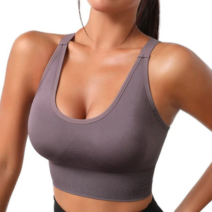 Soutien-gorge de sport sans coutures pour femme, col en V profond, maintien moyen, dos nageur, couleur unie, design côtelé - Product Image 3