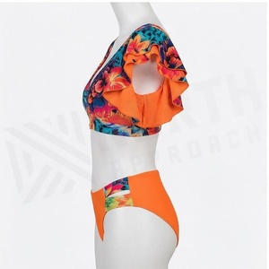 Ensemble bikini 2 pièces à imprimé floral avec haut court à volants et bas hipster orange, maillot de bain pour femme à col en V profond - Product Image 3