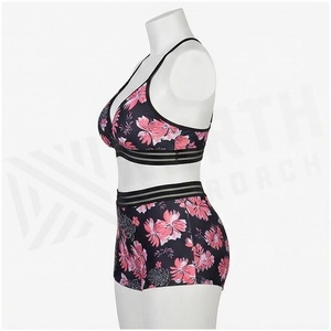 Blue Butterfly Print 2 Piece Yoga <b>Set</b> With Gold Trim Deep V Neck Halter Bodysuit And Knee Length Wrap <b>Skirt</b> - Product Image 3