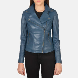 Veste moto en cuir véritable pour femme, bleue, col montant, fermeture éclair, manches longues, style automne - Product Image 1