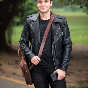 Classic Brown Leather Laptop <b>Briefcase</b> With Shoulder Strap Durable Travel Bag - Brown Leather Laptop Bag - Product Image 6