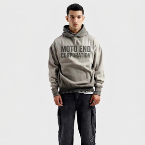 Sweat-shirt à capuche surdimensionné pour homme Moto End Corporation, en coton, style streetwear, gris, imprimé sur le devant, coupe classique, pour l'automne - Product Image 1
