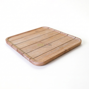 Bandeja Rectangular de Madera de Teca Makalu con Listones Horizontales, Diseño Rústico, Decorativa, Multifuncional, Artesanía - Product Image 1