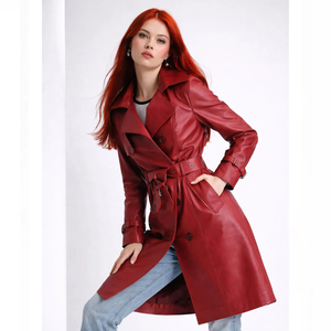 Gabardina Larga de Cuero Sintético Rojo para Mujer, Estilo Casual de Otoño, Cuello con Muescas, Manga Larga, Doble Botonadura, con Cinturón - Product Image 3