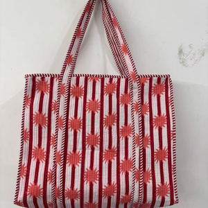 Sac fourre-tout d'été matelassé en coton imprimé à la main indien, doublé, pour femme, avec broderie Jhola, idéal pour le shopping - Product Image 1