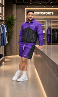 REXFIT SPORTS 2026 Ensemble veste coupe-vent et short en nylon violet et noir personnalisé, marque privée, streetwear, sportswear, design à fermeture éclair