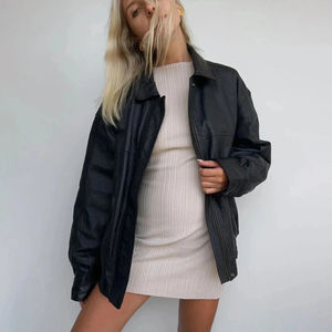 Manteau en cuir véritable tricoté à col montant de couleur unie pour femme, grande taille, avec fermeture éclair, manches longues, pour l'hiver - Product Image 1