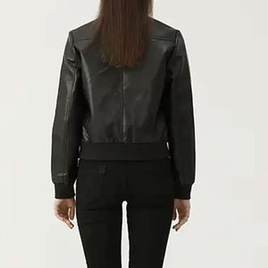 Blouson moto en cuir et peau lainée pour femme avec ceinture, col montant, chaud pour l'hiver, manches longues, style court - Product Image 6