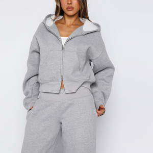 Ensemble de survêtement personnalisé pour femme, coupe ample, gris, décontracté, hiver, avec sweat à capuche zippé et pantalon de jogging à jambe large, en tissu Dry Fit - Product Image 4