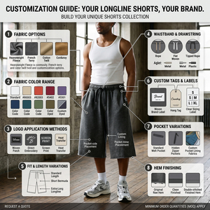 Custom Men Heavy Cotton Long <b>3</b>/<b>4</b> <b>Shorts</b> Embroidery Patchwork Vintage Washed Knee Length Baggy Bermuda Sweat <b>Shorts</b> - Product Image 5