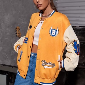 Classic <b>Women</b> Varsity <b>Jacket</b> With Contrast Sleeves And Ribbed Hem Custom Logo <b>Women</b> Varsity <b>Jacket</b> - Product Image 3