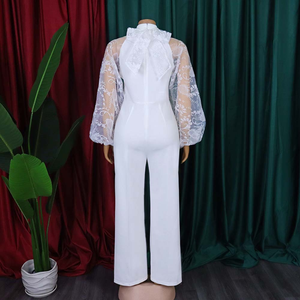 SE10650 Mono de mujer de talla grande con cuello redondo, manga acampanada de malla, ajuste ceñido, cinturón y cintura alta, de poliéster, estilo africano de pierna ancha, para verano - Product Image 6