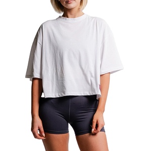 Women's Summer Sporty Eco-Friendly <b>Crop</b> <b>Top</b> Short Sleeves Stretchy T-Shirt Custom Logo Plain Baggy Oversized Drop Shoulder - Product Image 1