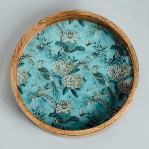 Plateau de service rond en bois fabriqué à la main avec imprimé floral Plateau rustique décoratif pour collations, thé, pour hôtel à la maison FWE - Product Image 3