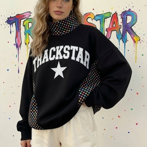 Sweat-shirt d'hiver vert oversize pour femme avec motif étoile Trackstar et empiècements latéraux à pois colorés, écologique - Product Image 5