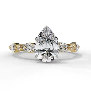 Bague de fiançailles en diamant de laboratoire taille poire 1 carat, or massif 18 carats, certifiée IGI VVS E-F, avec accent marquise vintage, bijoux fins - Product Image 1