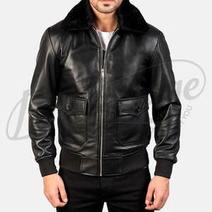 Blouson aviateur homme noir en similicuir de qualité supérieure avec col en fourrure amovible, coupe ajustée, pour l'hiver - Product Image 5